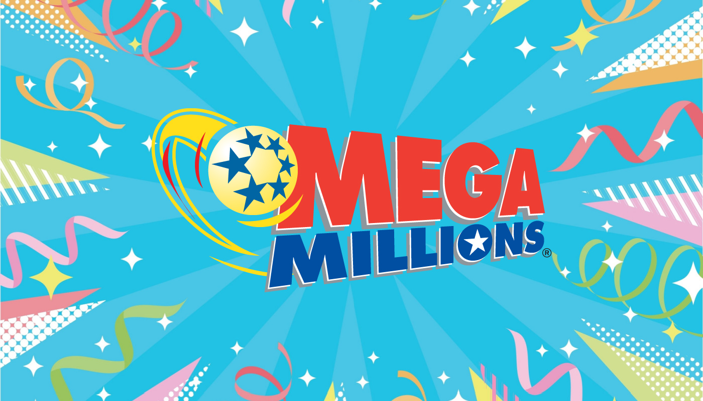 The Mega Millions logo over a sky blue background with confetti.