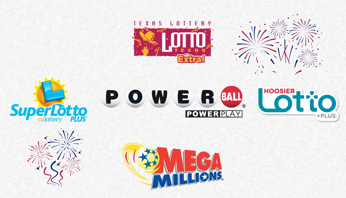 The logos for Powerball, Mega Millions, the California Super Lotto, Hoosier Lotto, and Lotto Texas.