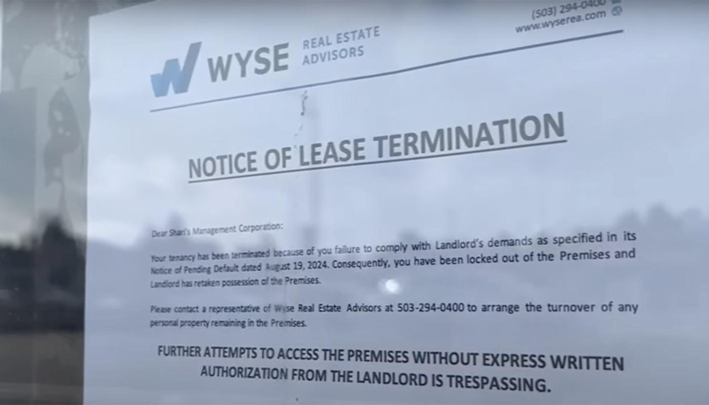 Notice of Lease Termination posted on the door of one of Shari's locations that closed in Oregon.