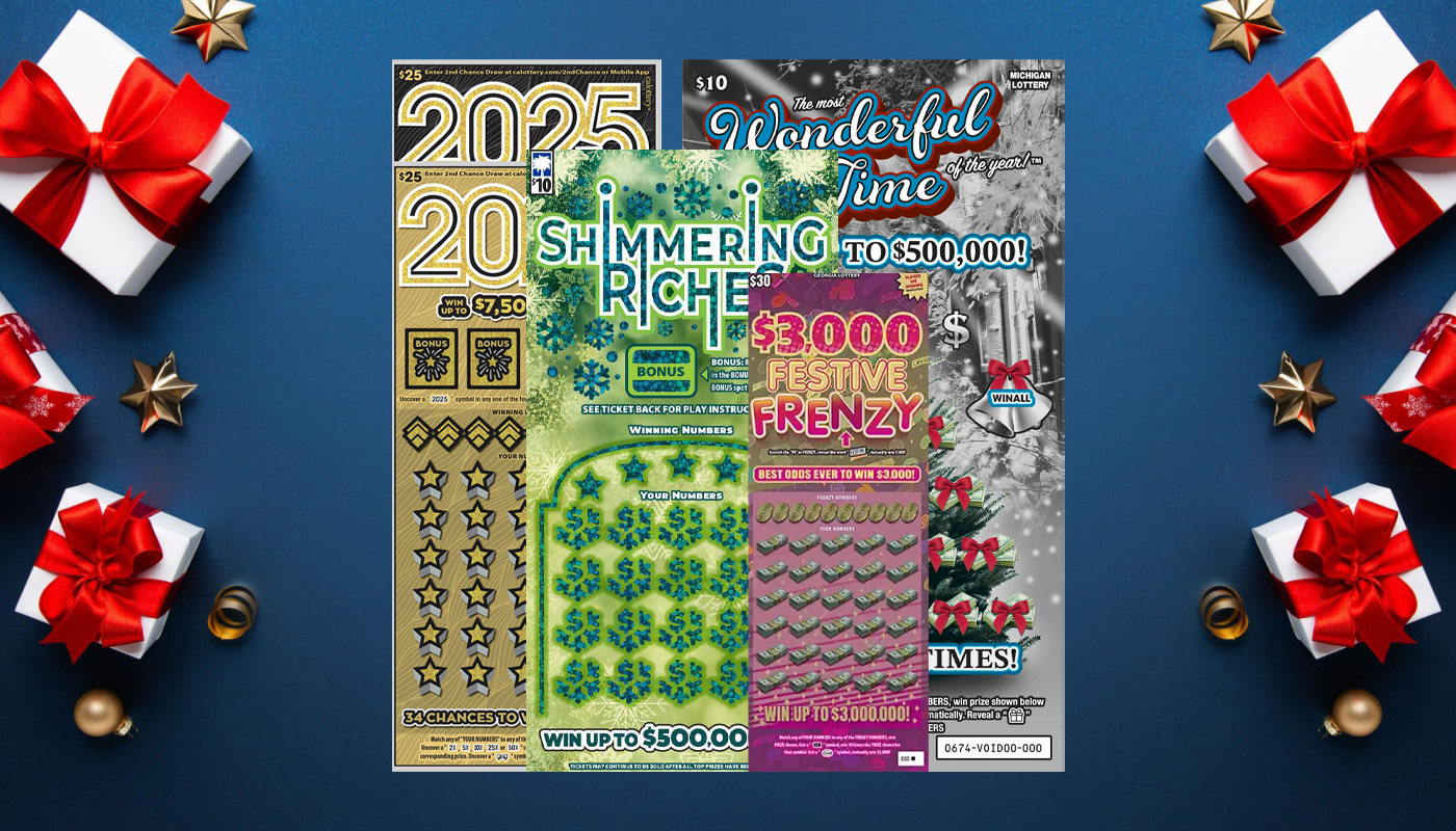 A picture of the California Lottery 2025, Georgia Lottery Festive Frenzy, Michigan Lottery The Most Wonderful Time Of The Year, and South Carolina Lottery Shimmering Riches scratch-off tickets.