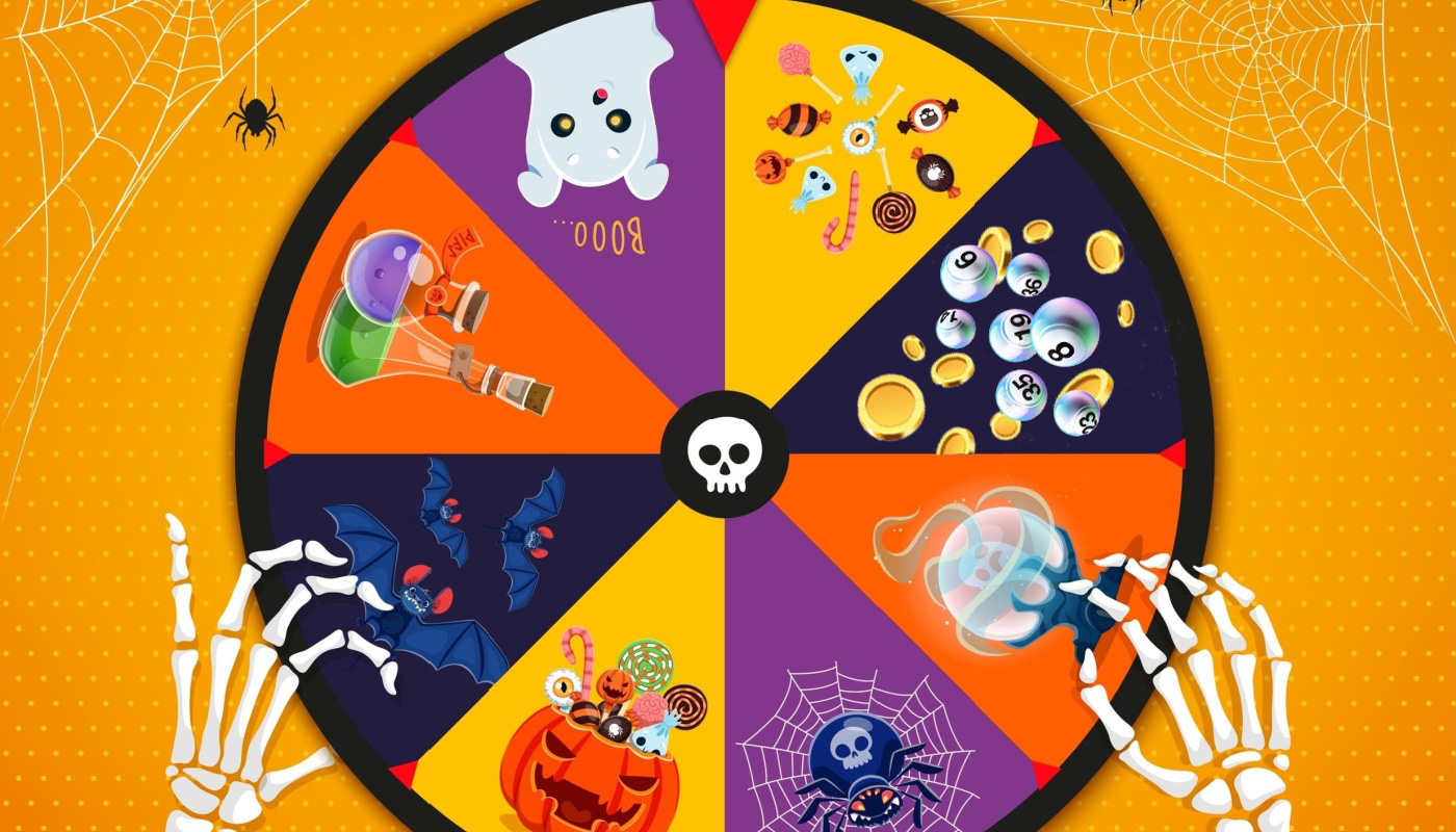 Two skeleton hands with a spinning wheel filled with Halloween related icons, lottery balls, and gold coins.