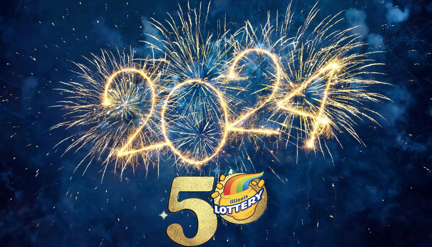 The Illinois Lottery 50 Anniversary logo on a blue background with fireworks forming 2024.