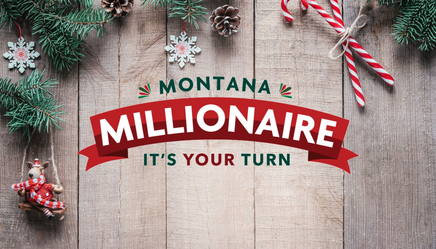 The Montana Millionaire logo on a Christmas season themed background.