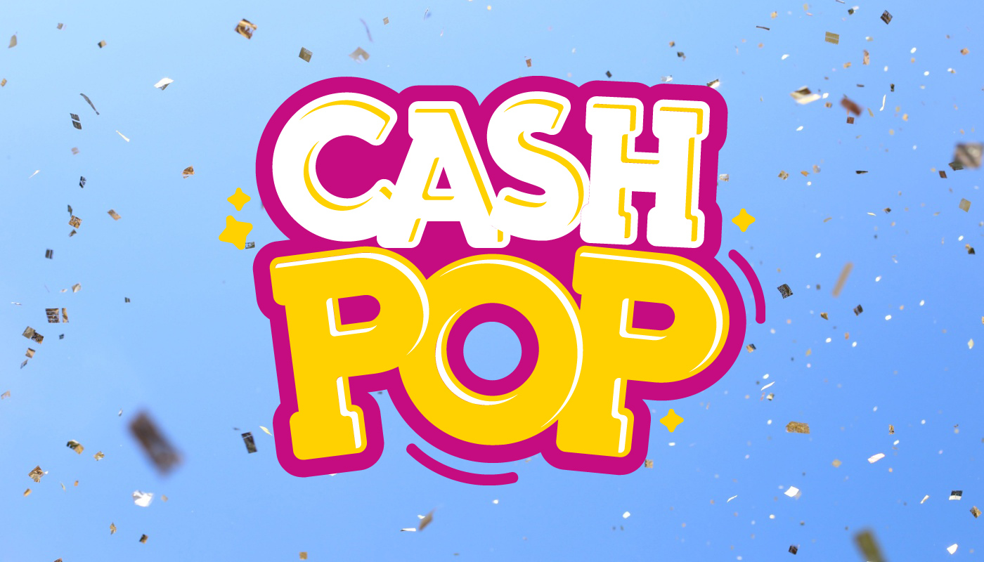 The North Carolina Lottery Cash POP logo over a sky blue background with confetti.