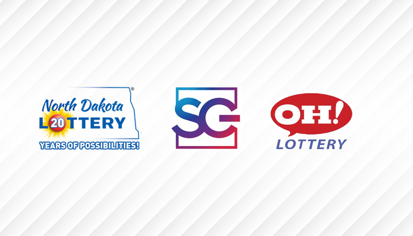 The North Dakota Lottery, Ohio Lottery, and Scientific Games logos on a white backgorund.