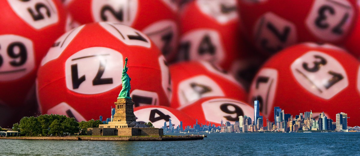 A wide shot of New York City with lottery balls in the background.