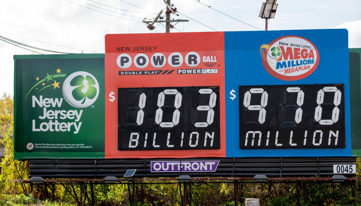 A billboard displaying the current Powerball and Mega Millions jackpot.