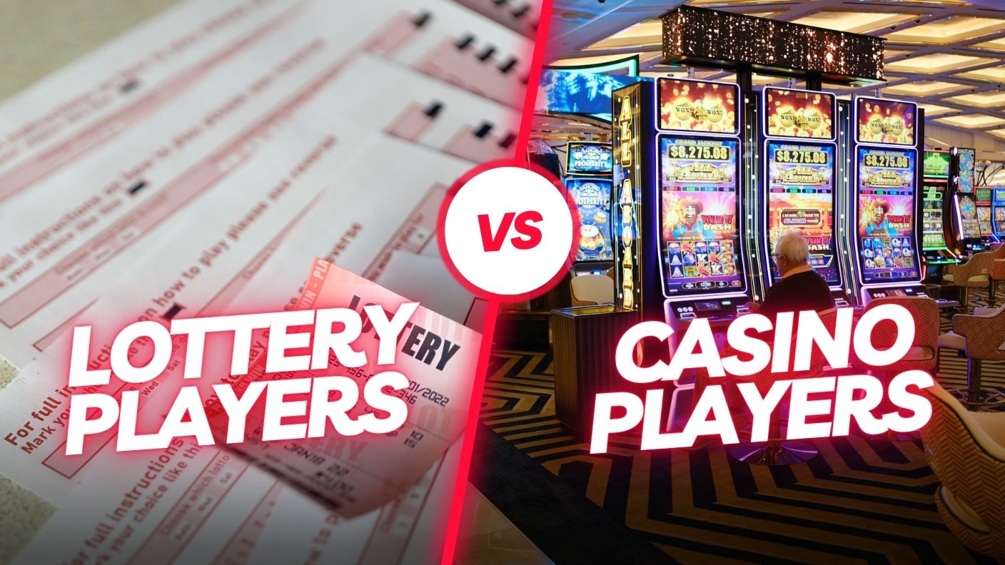 An image showing lottery tickets on one side, and casino games on the other one.