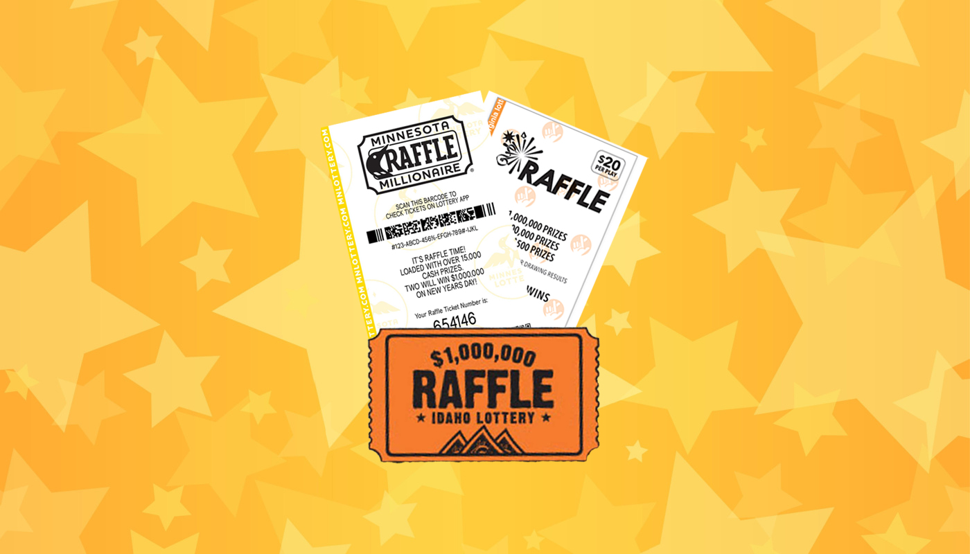 A ticket for the Idaho $1,000,000 Raffle, a ticket for the Minnesota Millionaire Raffle, and a ticket for the Virginia Lottery New Year's Millionaire Raffle.