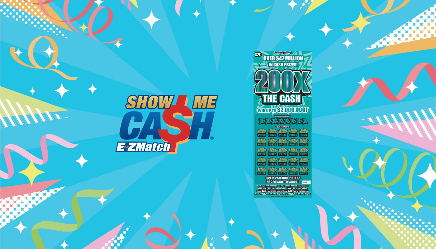 The Missouri Lottery Show Me Cash logo and a 200X The Cash ticket over a sky blue background with confetti.