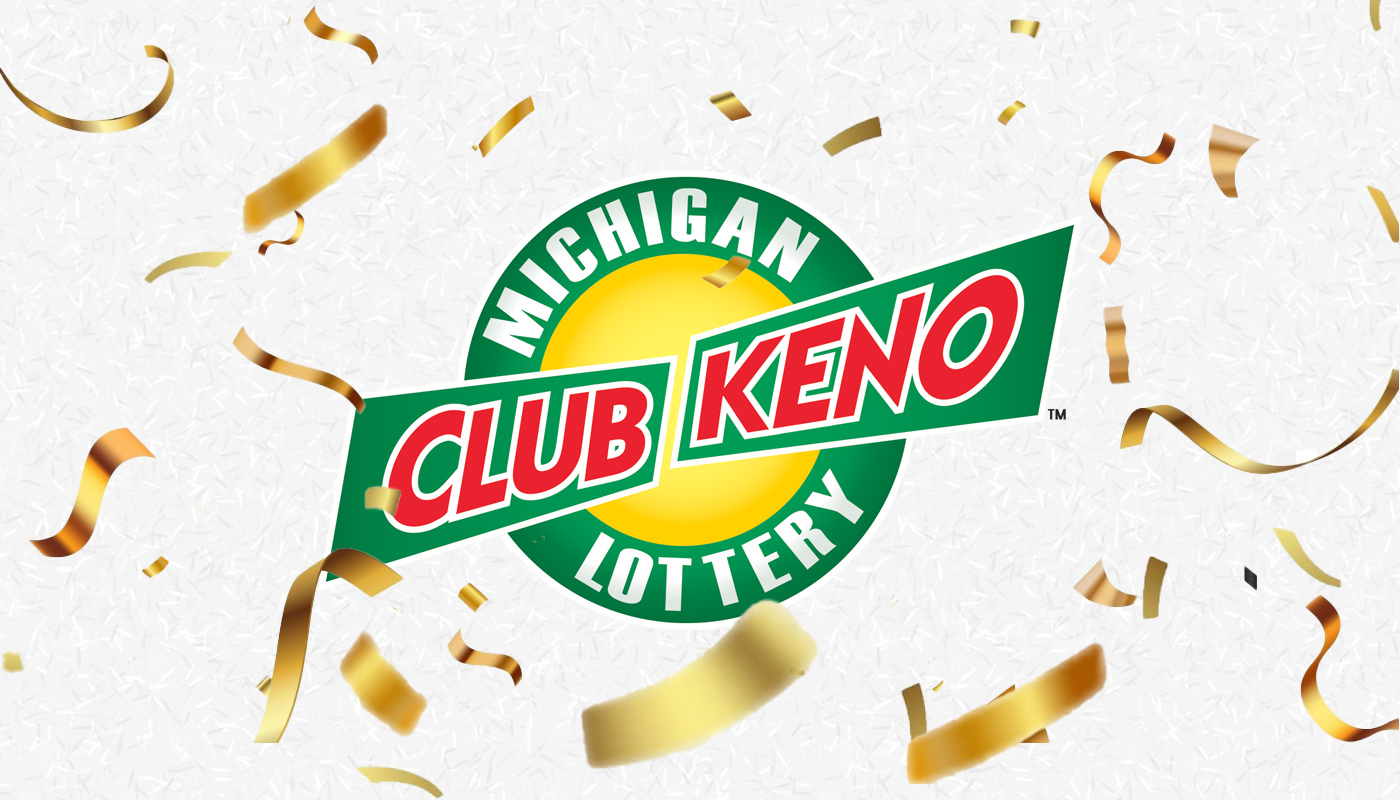 The Michigan Lotery Club Keno logo on a white background with confetti.