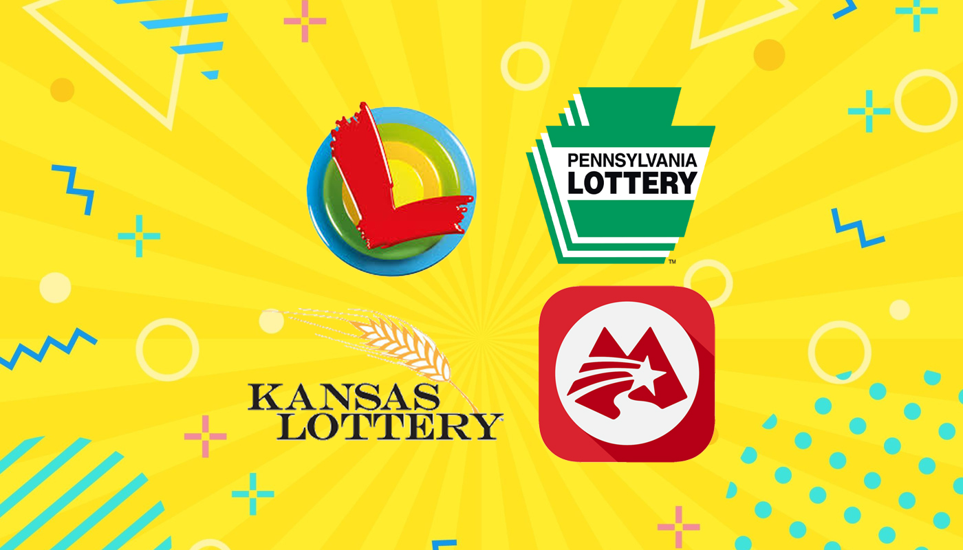 The Montana Lottery, Kansas Lottery, Pennsylvania Lottery, and Wisconsin Lottery logos on a yellow background with confetti.