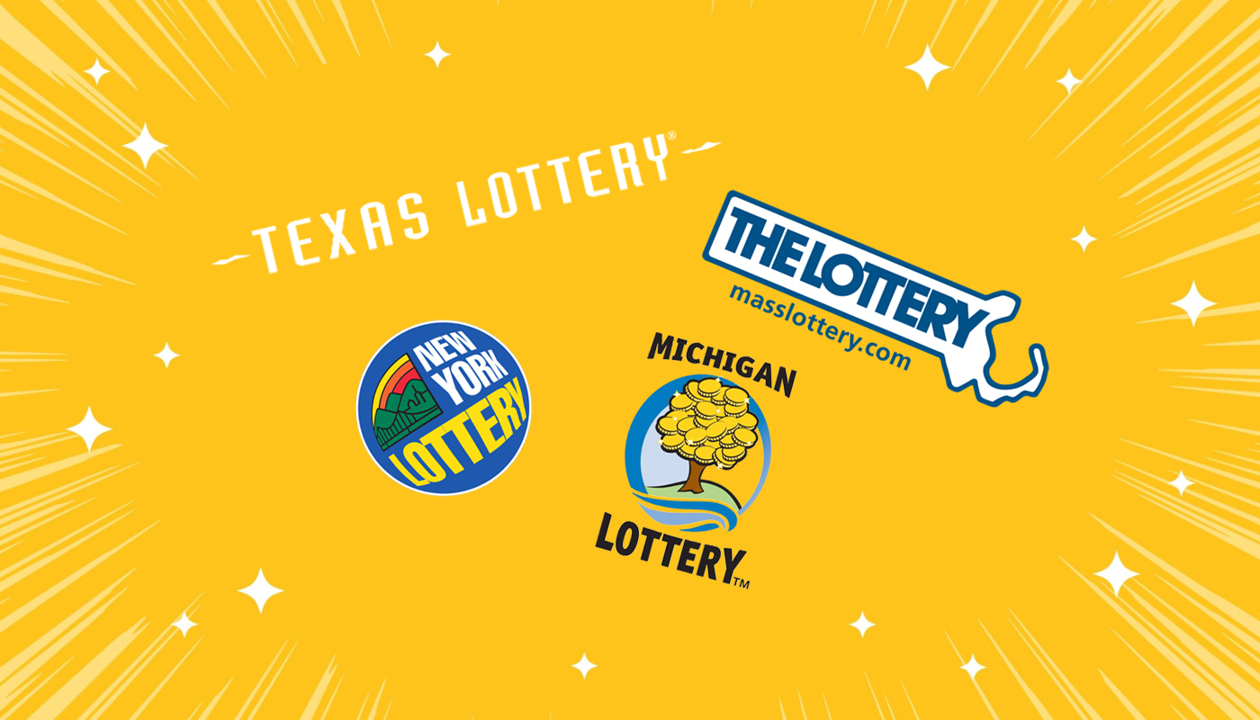 The Texas Lottery, New York Lottery, Massachusetts Lottery, and the Michigan Lottery logos on a yellow background.