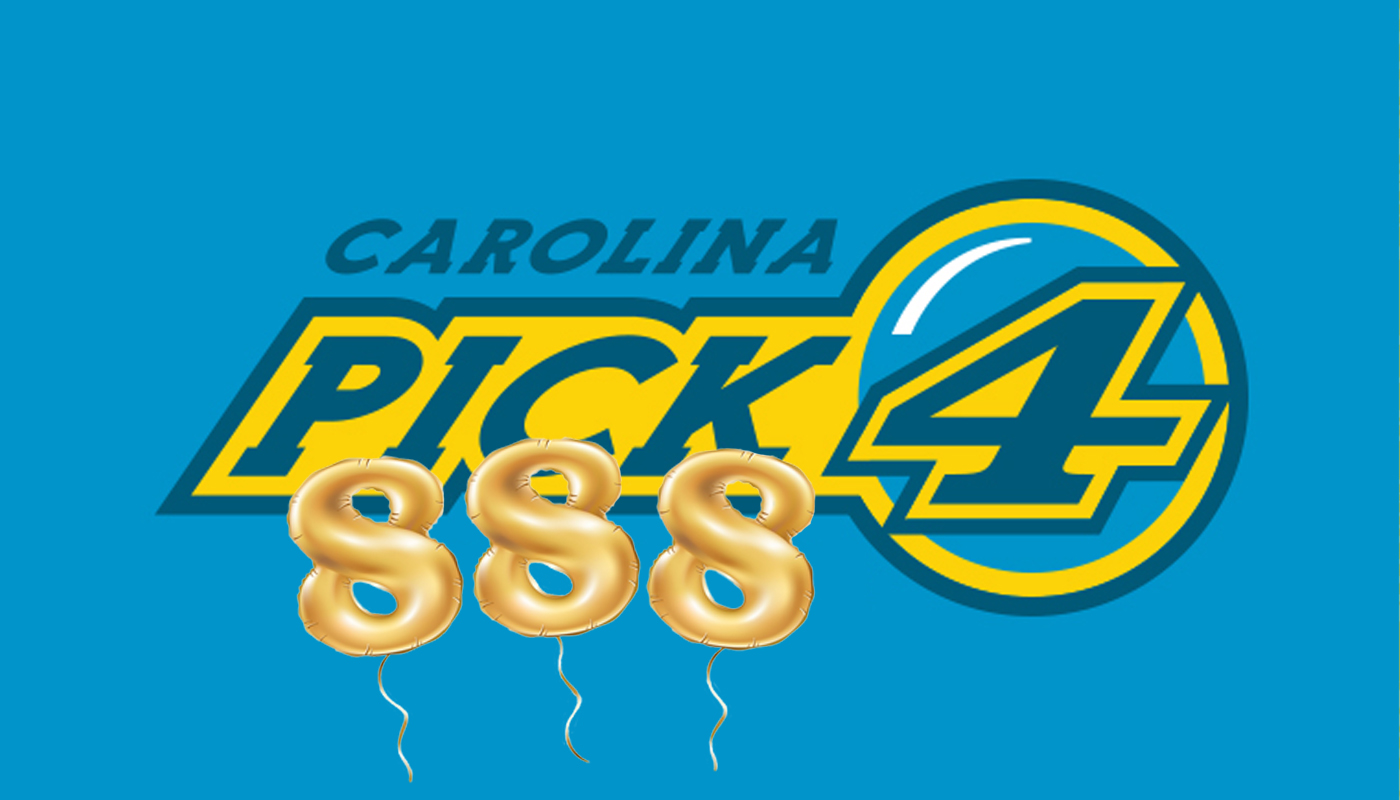 The North Carolina Pick 4 logo on a blue background, with golden 888 balloons.