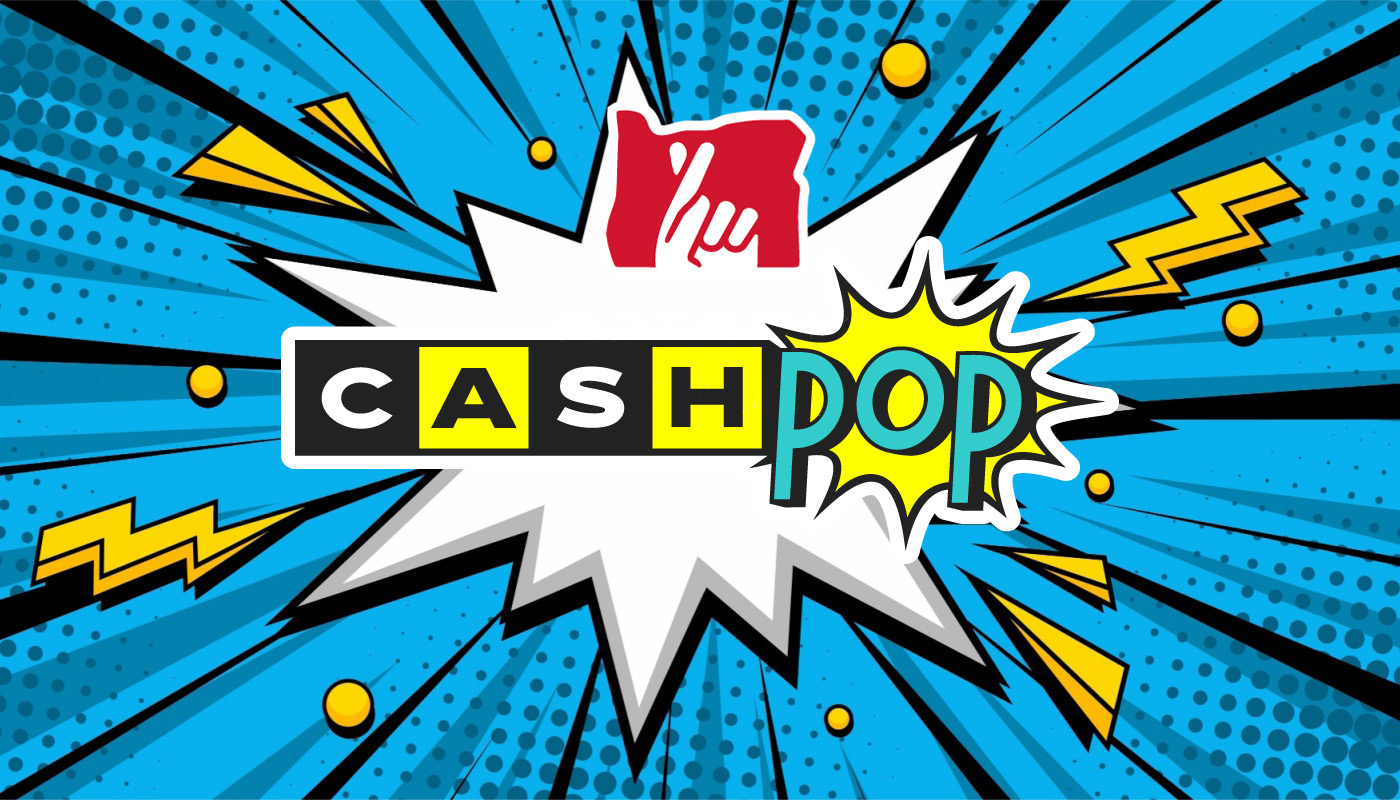 The Oregon Lottery and Cash Pop logos on a blue background.