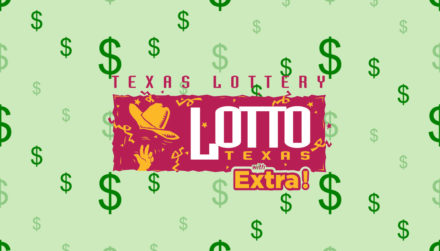 The Texas Lotto jackpot on a green background filled with cash signs.