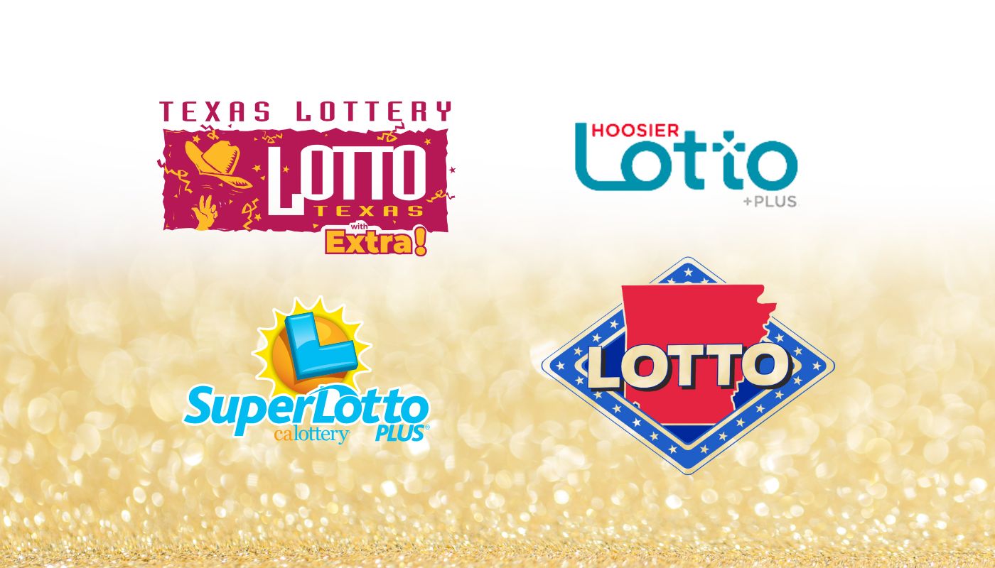 The Lotto Texas, Arkansas Lotto, Hoosier Lotto and California SuperLotto Plus logos over a white and golden background.