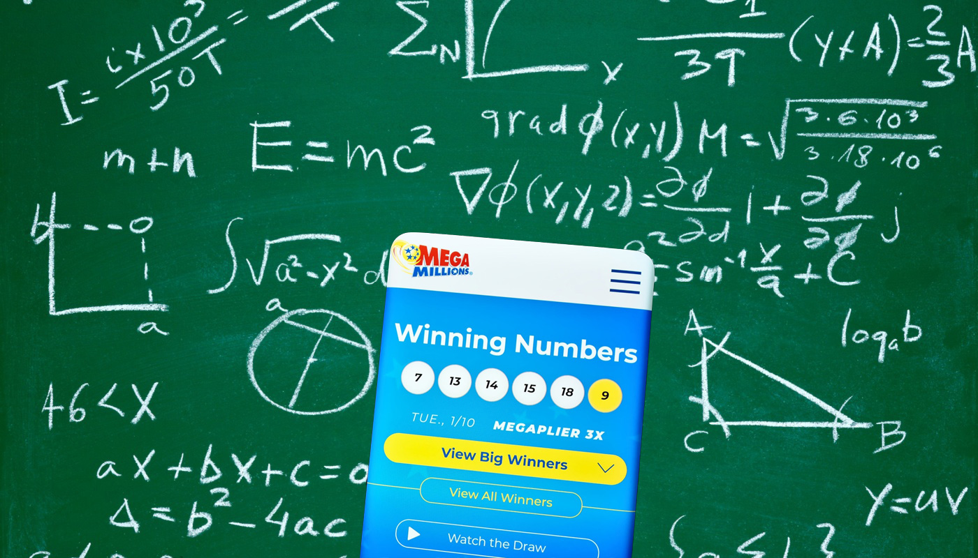 A mobile screen displaying the Mega Millions website, with a whiteboard filled with mathematical equations in the back.