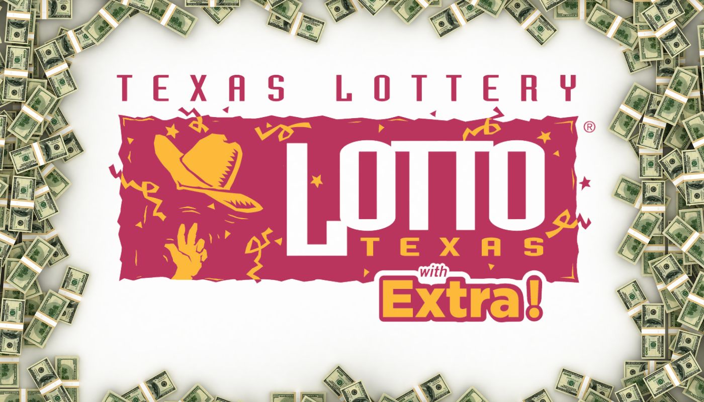 The Texas Lotto logo over a white background surrounded by dollar bills.