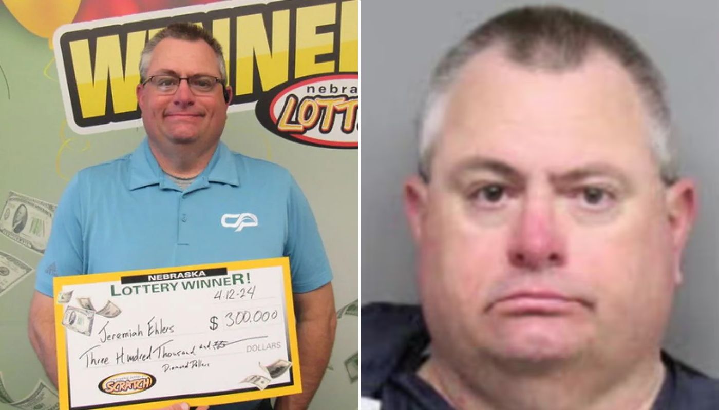 Jeremiah Ehlers with his $300,000 Nebraska Lottery check on one side, and his mug shot after being arrested on the other.