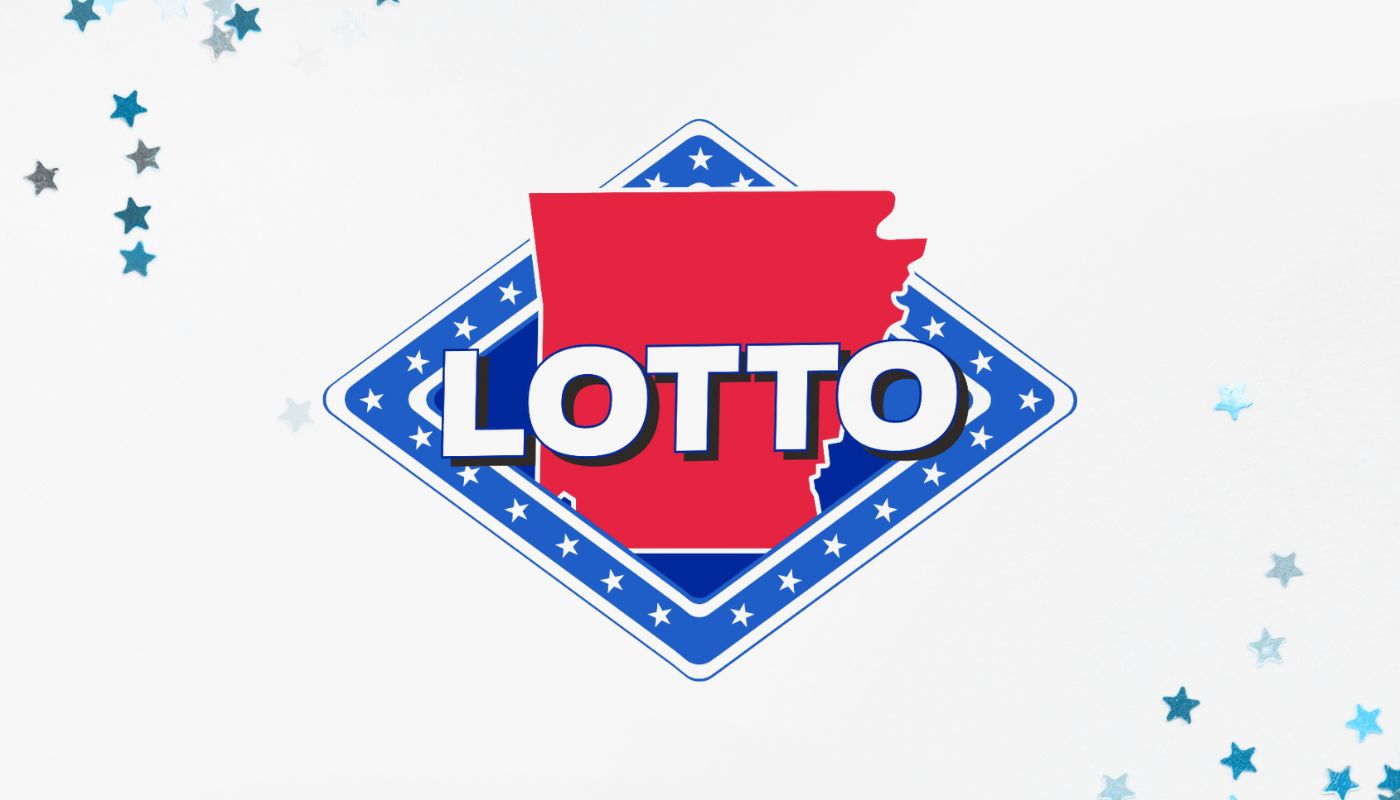 The Arkansas LOTTO logo over a white background with confetti.