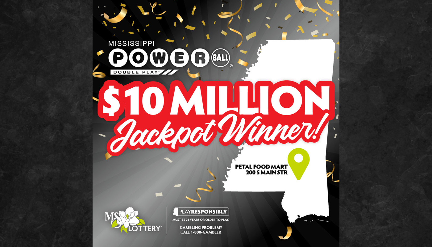 A graphic showing the location of the $10 million Powerball Double Play winner on a map of Mississippi.