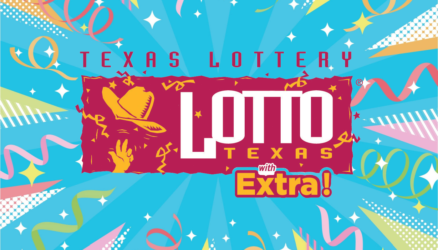 The Texas Lotto logo over a sky blue background with confetti.