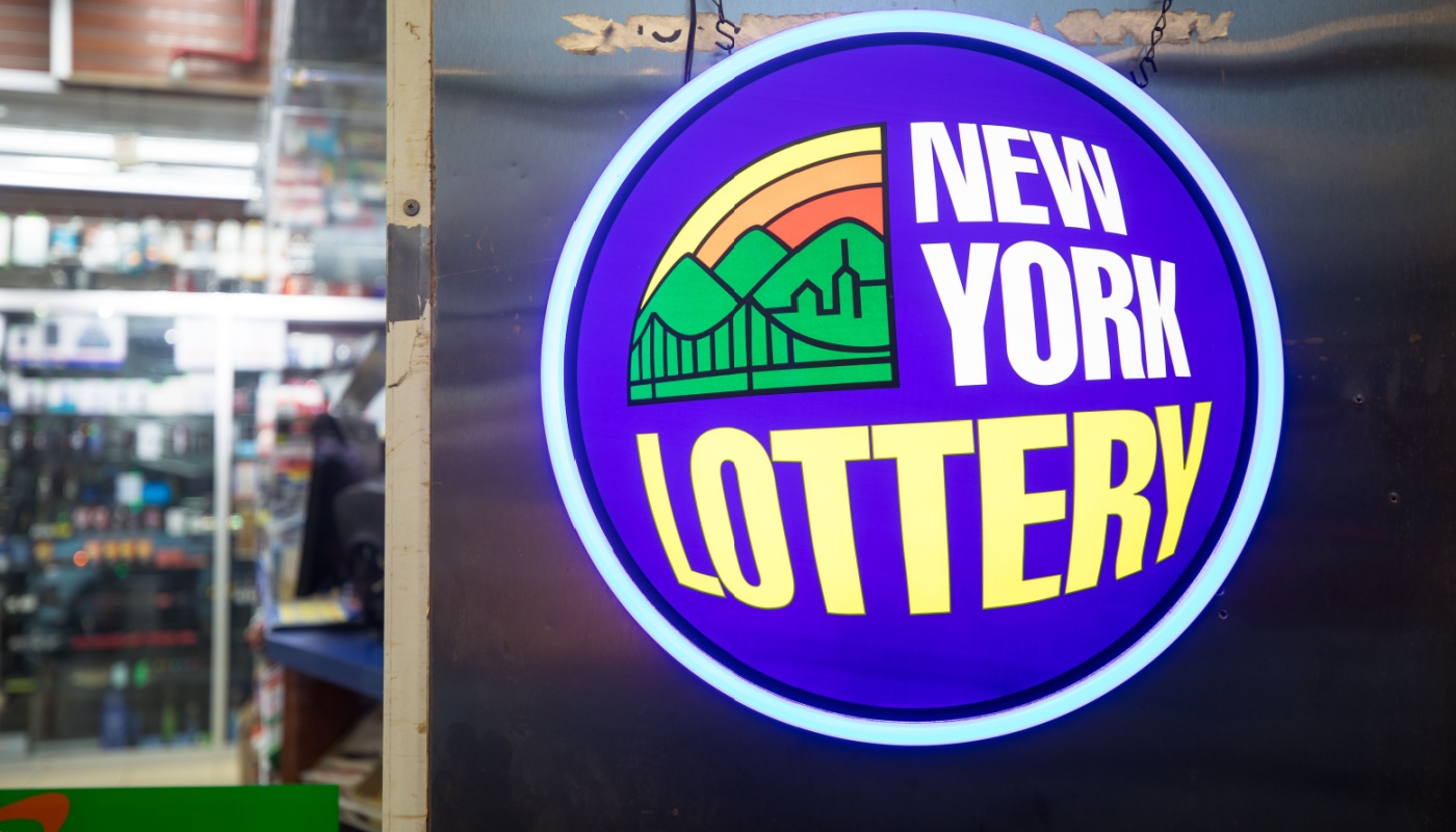 A New York Lottery sign at a local retailer.