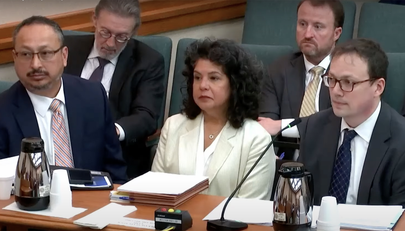 Lottery Commission director Ryan Mindell, Chief Financial Officer Sergio Rey, and Director of the Charitable Bingo Operations Division LaDonna Castañuela, testifying at the Senate Committee on Finance.