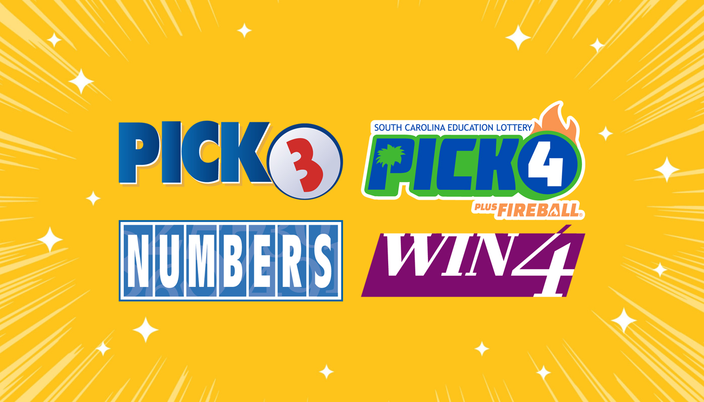 The New York Lottery Win4 and Numbers logo, the South Carolina Lottery Pick 4 logo and the Missouri Lottery Pick 3 logos on a yellow background with shooting stars.