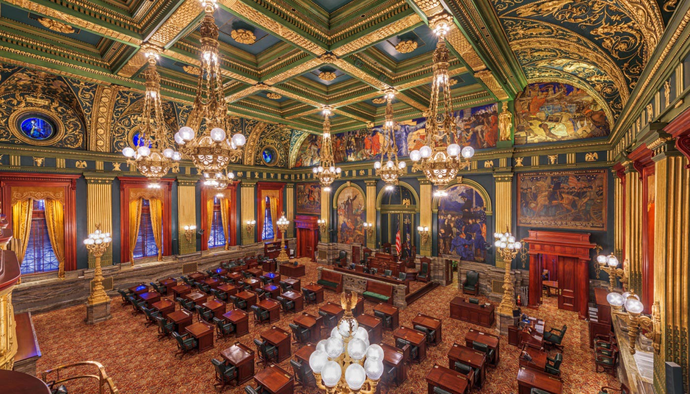 The Senate Chambers in the Pennsylvania State Capitol Building.