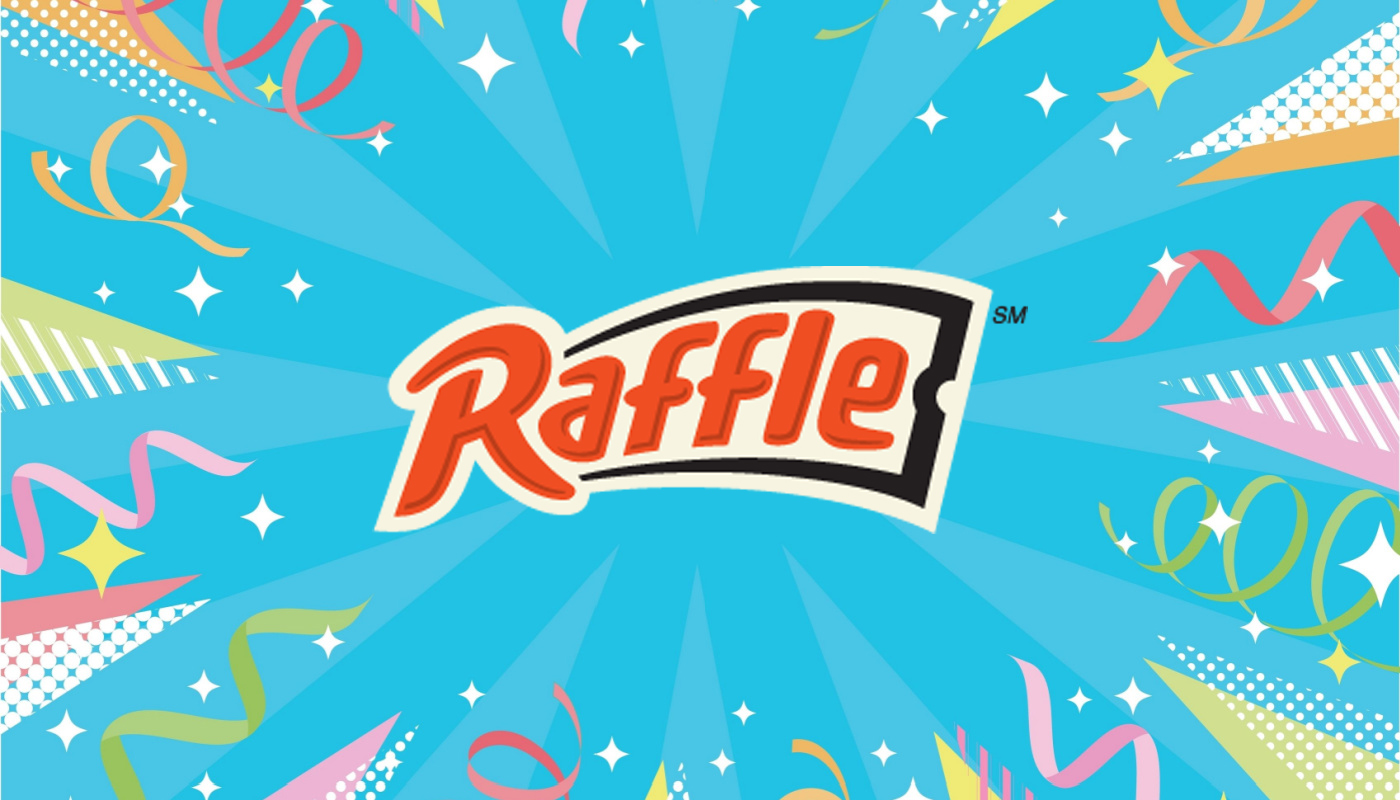 The Oregon Lottery Raffle logo on a sky blue background with confetti.