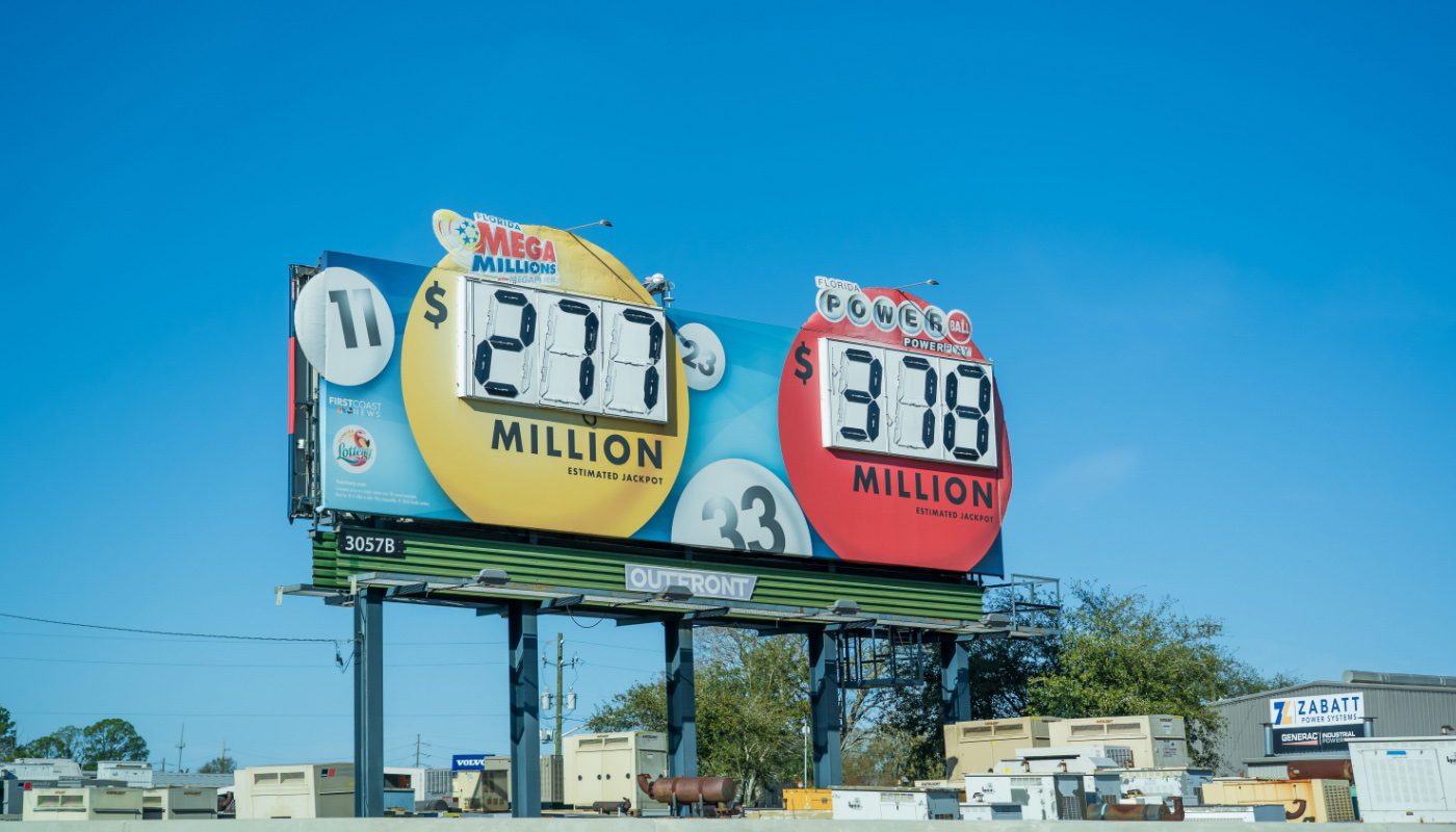 A billboard displaying the current Mega Millions and Powerball jackpots.