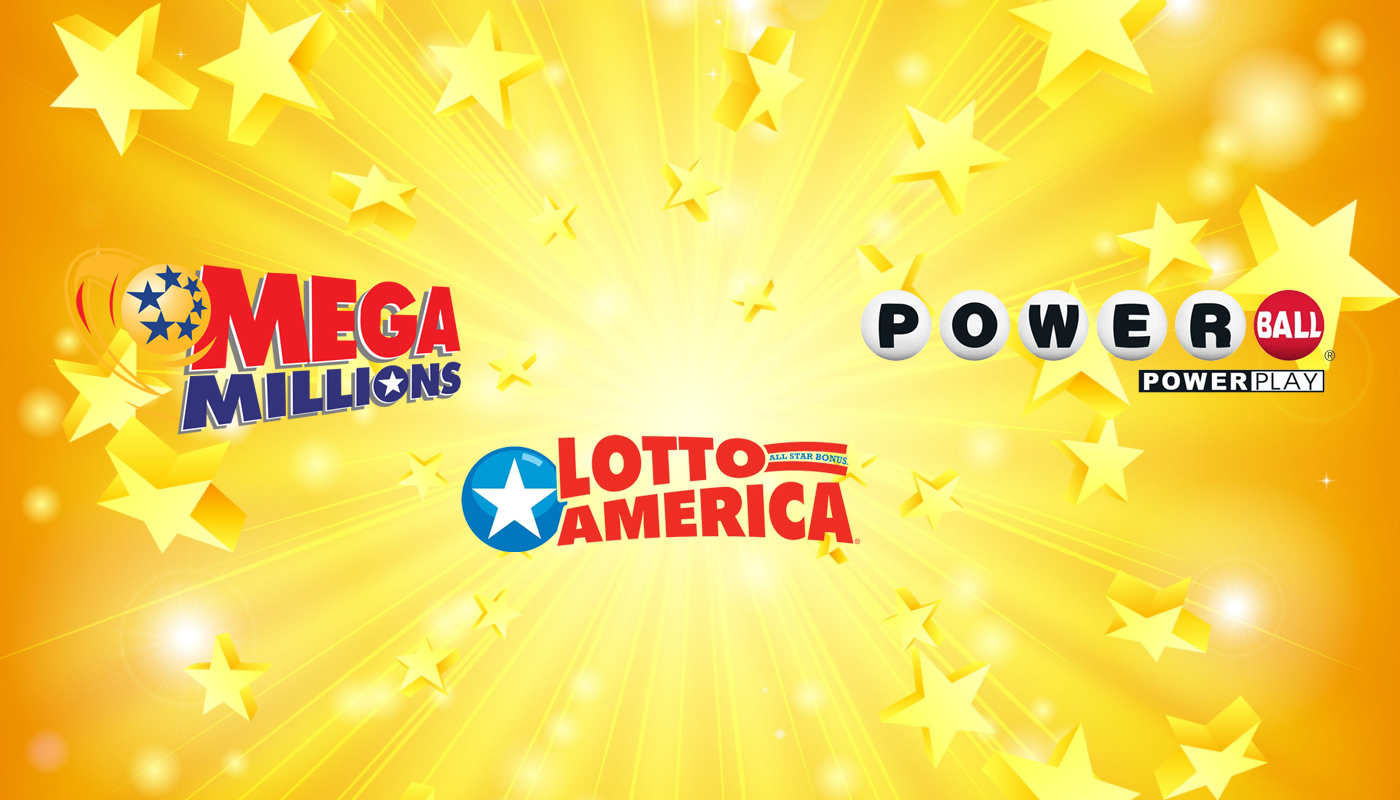 The Mega Millions, Powerball, and Lotto America logos on a yellow background with stars.