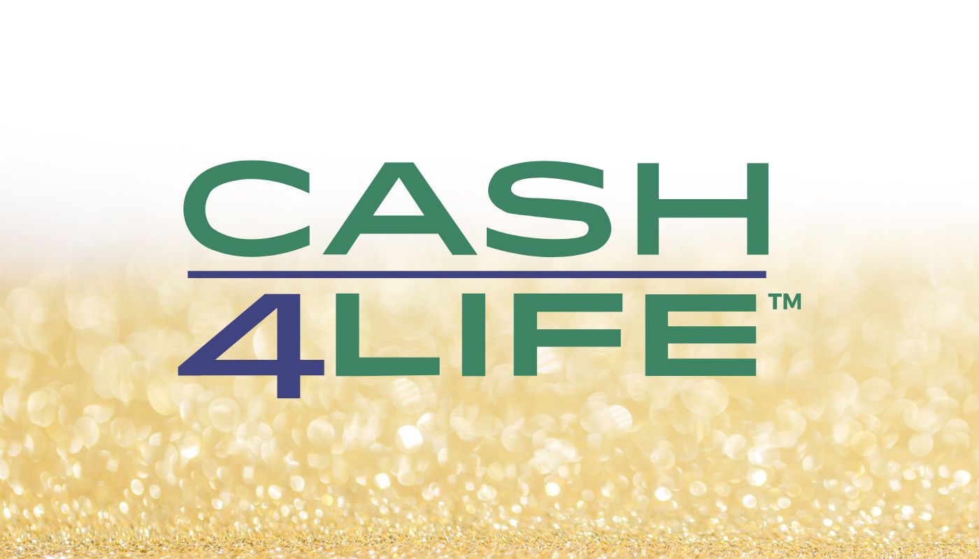 The Cash4Life logo over a white and golden background.