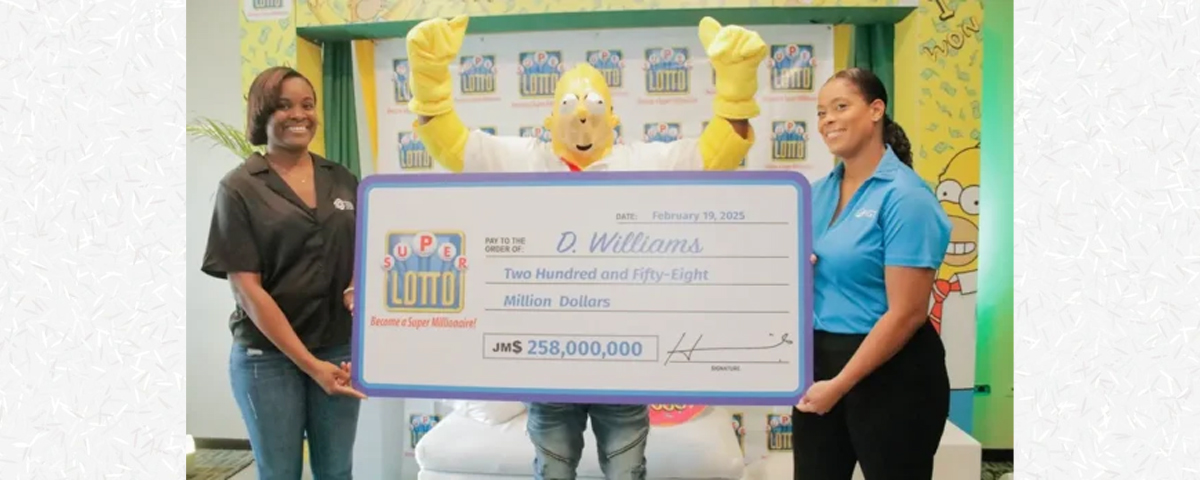 Jamaica's Super Lotto winner wearing a Homer Simpson disguise while receiving their check.