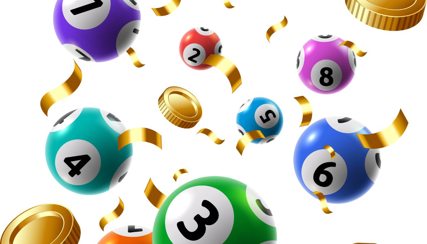 Lottery balls falling over a white background.