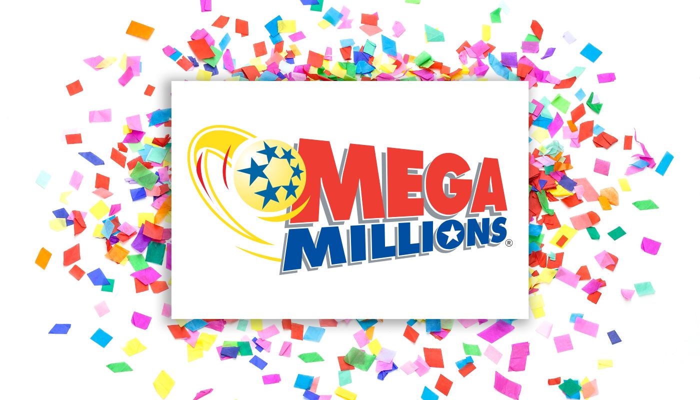 The Mega Millions logo over a white background with confetti.
