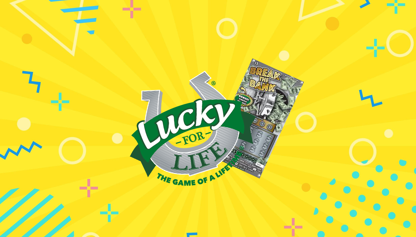 The Lucky for Life logo and a "Break the Bank" scratch card from the Missouri Lottery.