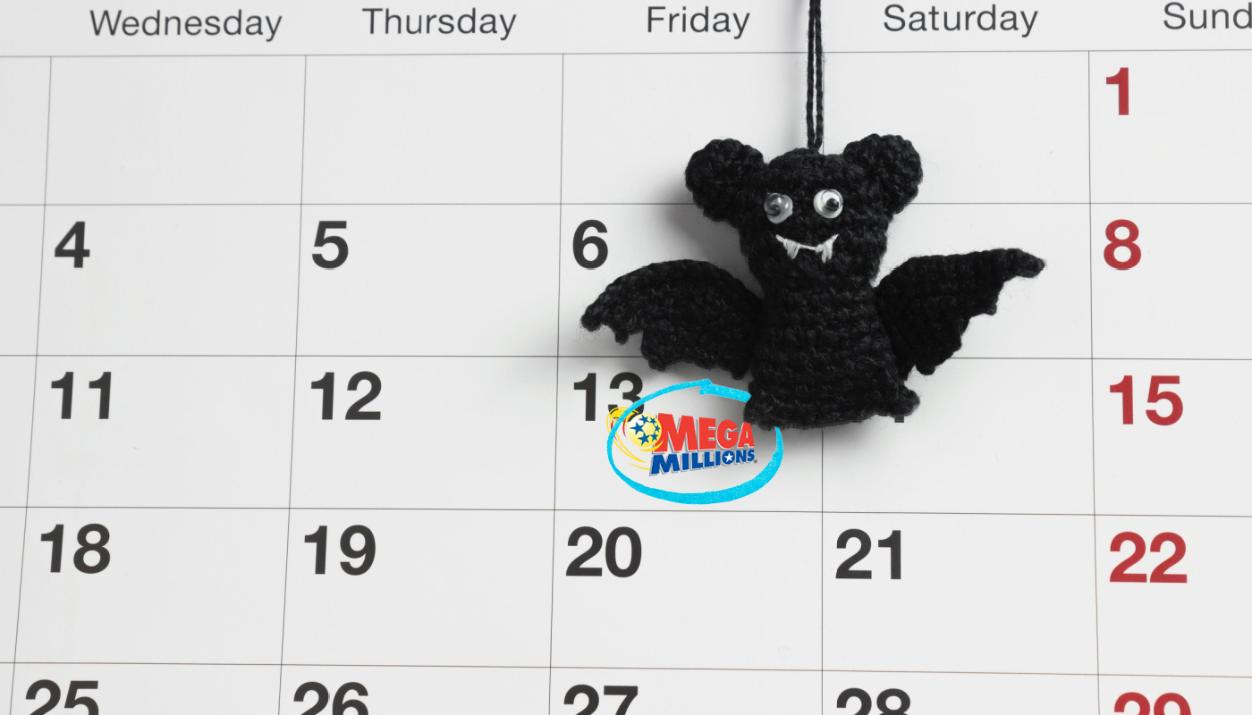 A calendar with the Mega Millions logo and a marking on Friday the 13th.