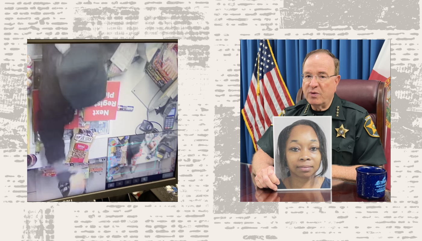 On the left, security footage that allegedly shows Samantha Young stealing tickets over the counter. On the right, Polk County Sheriff Grady Judd showing Samantha's picture during a morning briefing.