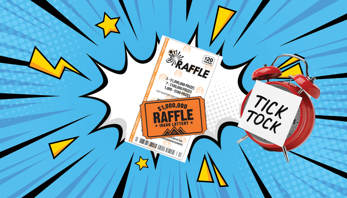An alarm clock along with an image of a Virginia New Year's Millionaire Raffle and an Idaho $1,000,000 Raffle ticket.