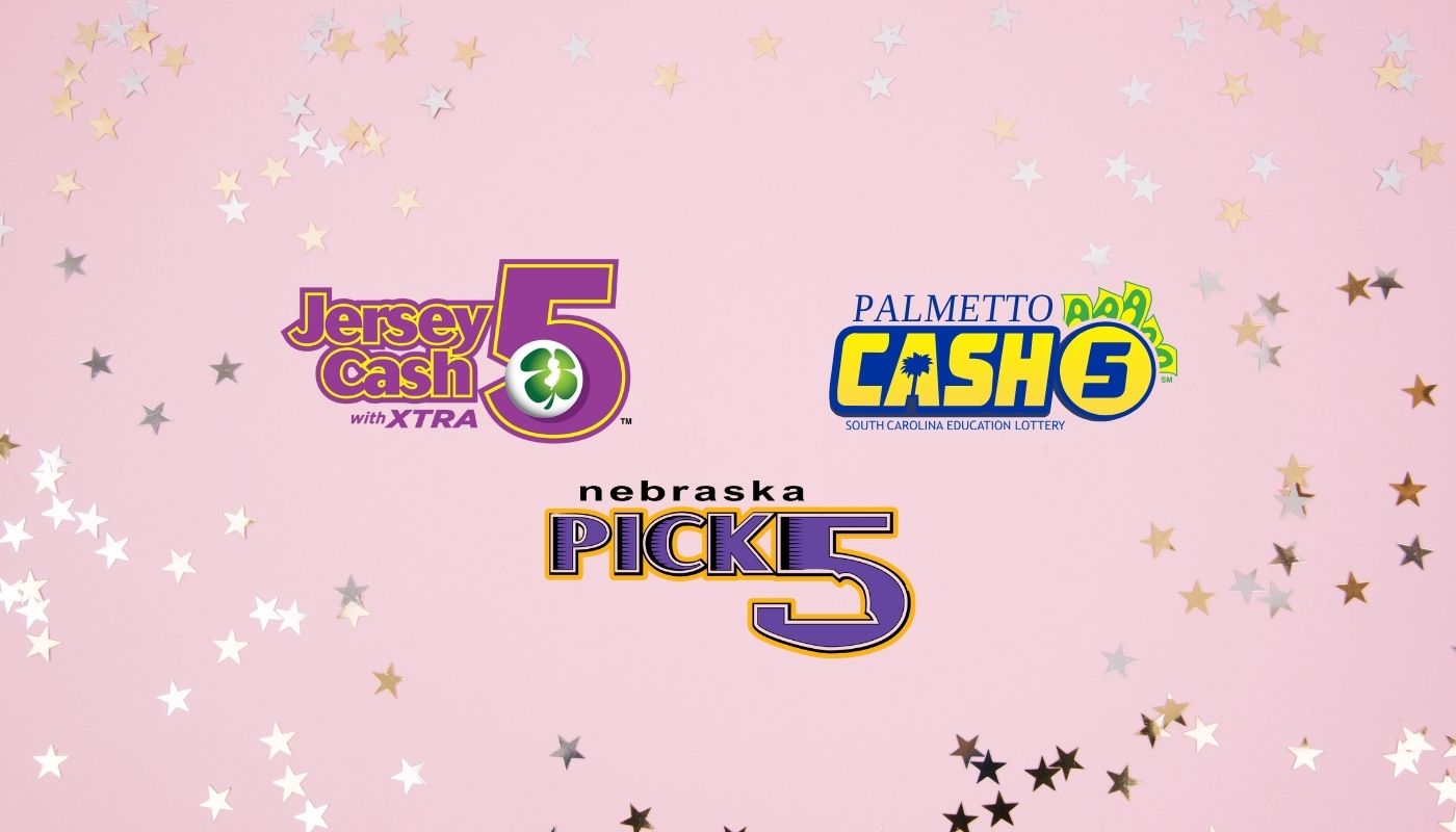 The Jersey Cash 5, Nebraska Pick 5, and Palmetto Cash 5 logos over a pink background with golden stars.