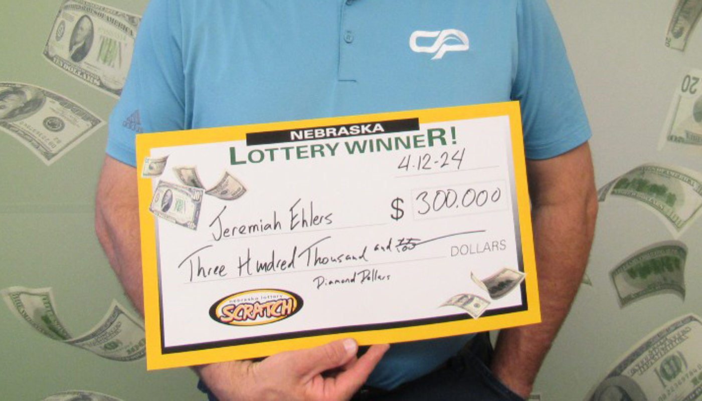 The Nebraska Lottery check that Jeremiah Ehlers received after claiming the controversial $300,000 Diamond Dollars winning ticket.