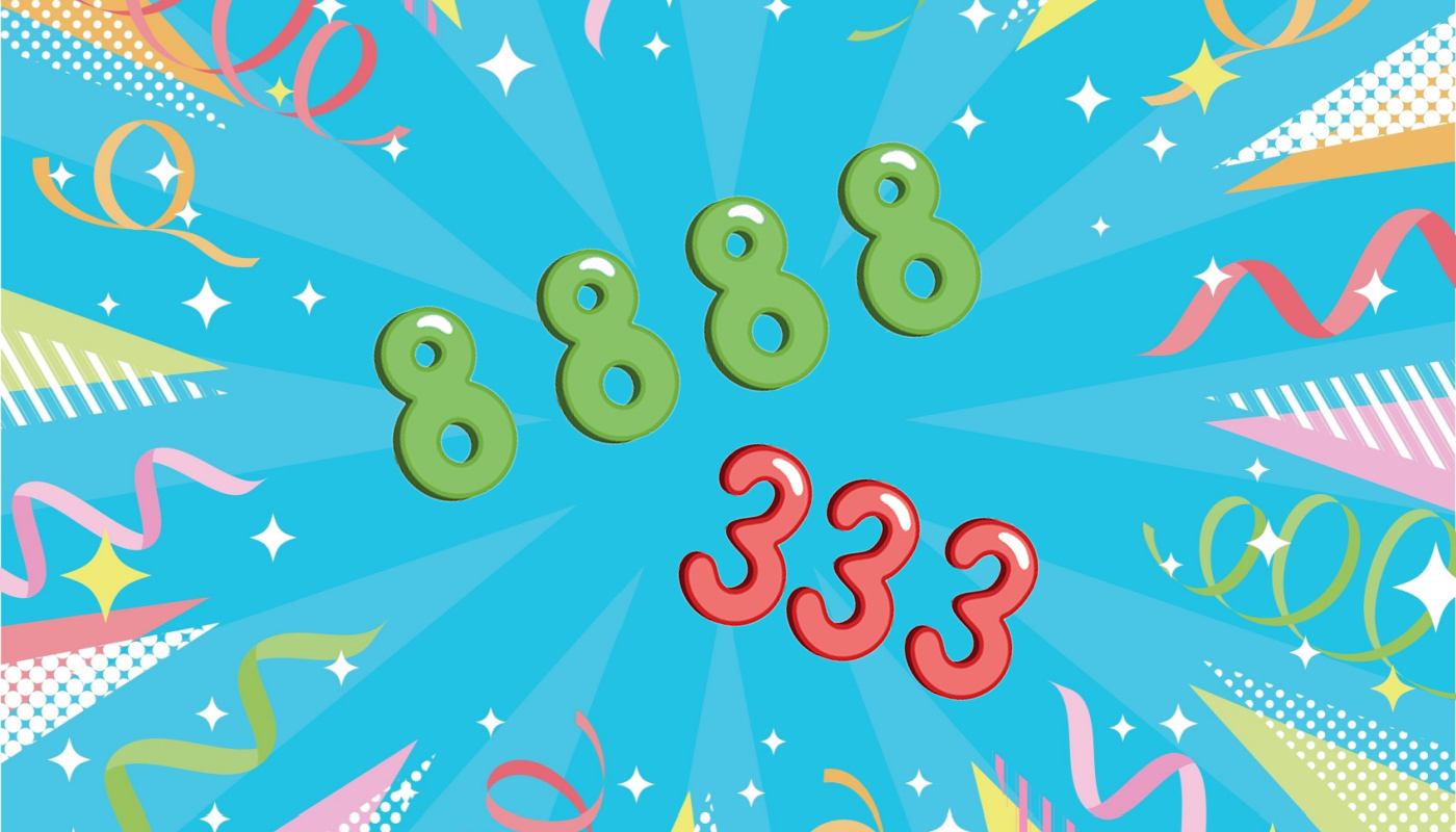 The numbers 3333 and 888 over a sky blue background with confetti.