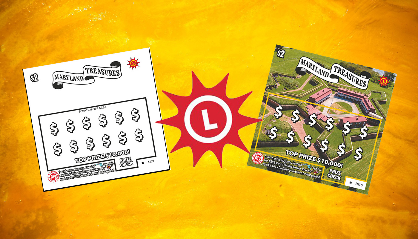 The Maryland Lottery logo along with two sample files for the Maryland Treasures scratch-off ticket.