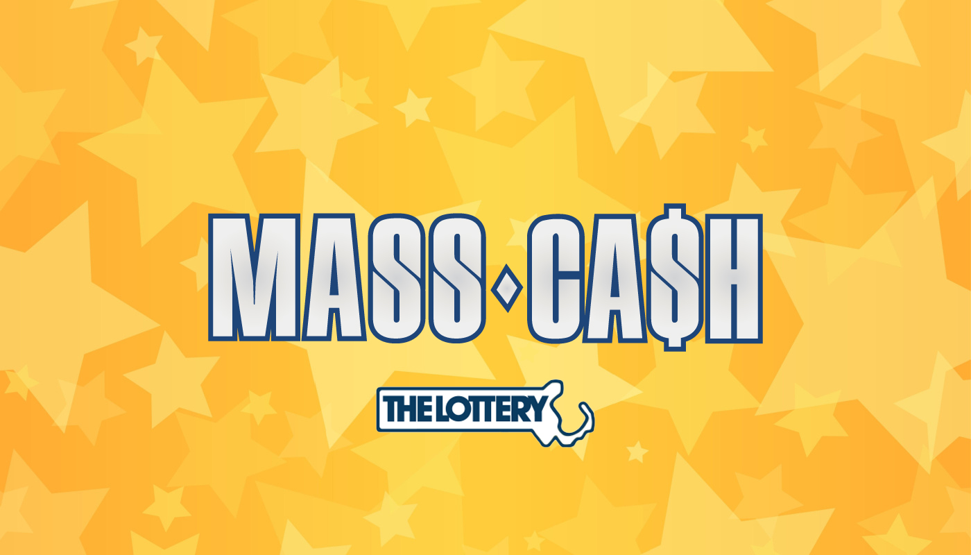 The Massachusetts Lottery and Mass Cash logos over a yellow background with stars.