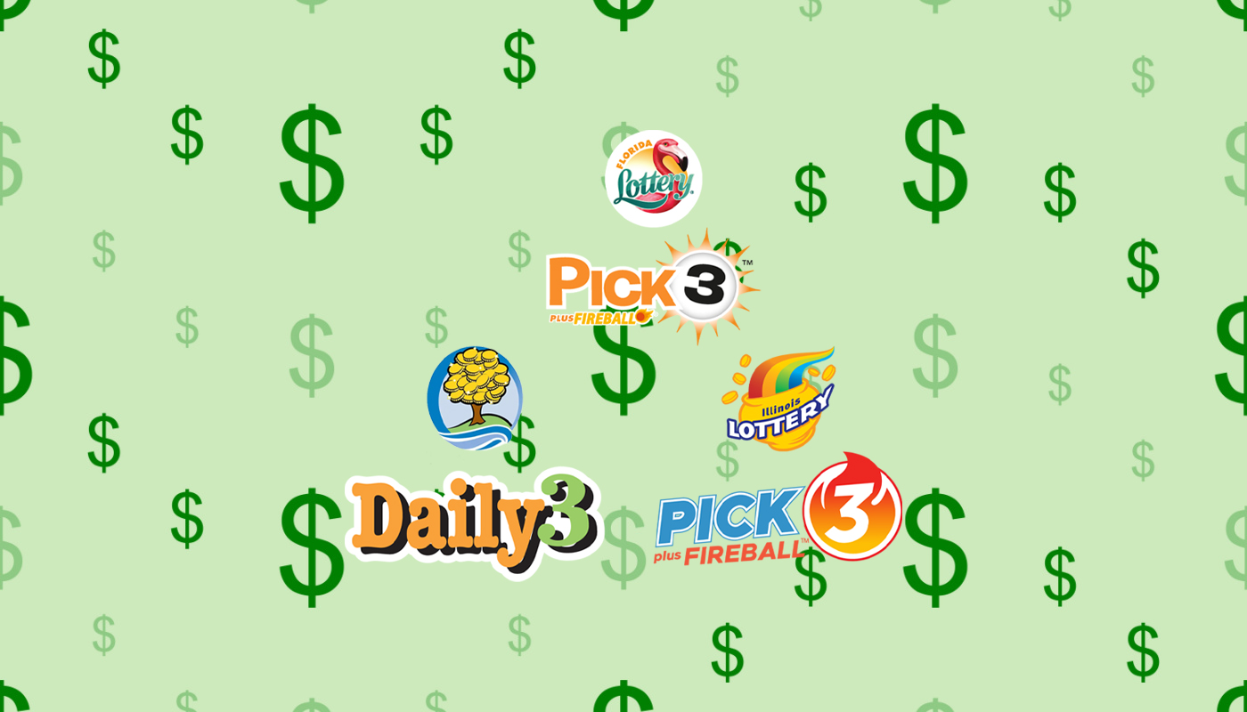The Florida Lottery, Florida Pick 3, Michigan Lottery, Michigan Daily 3, Illinois Lottery, and Illinois Pick 3 logos over a green background with dollar signs.