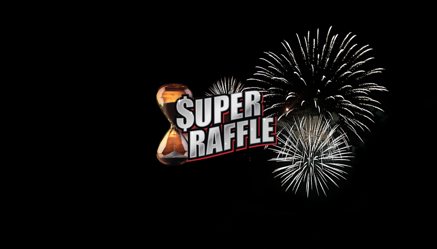 The Michigan Lottery Super Raffle logo over a black background with fireworks.