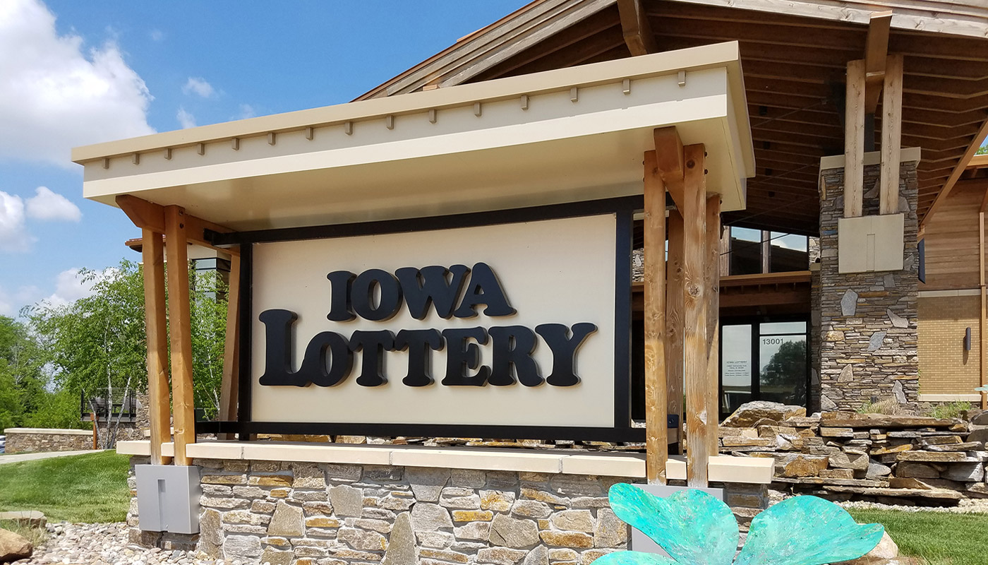 A photo of the Iowa Lottery sign at the Iowa Lottery offices.